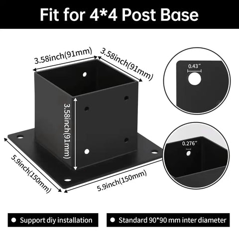 Diagram of 4x4 Post Base Brackets Set of 4 For Deck Fence Pergola Porch Posts, Inner Size 3.5x3.5 Inches, Heavy Duty Steel, Black Powder Coat.