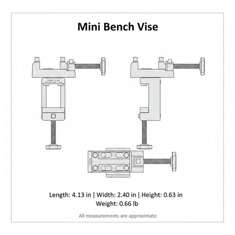 Compact Mini Bench Vise Perfect For Jewelry Making And Model Building, Durable PP Plastic Desktop Clamp in dimensions drawing.