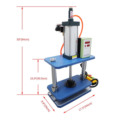 Built Like A Tank 1102 Pound Pneumatic Punch Press With Digital Display Controller showing dimensions 33" height, blue frame.