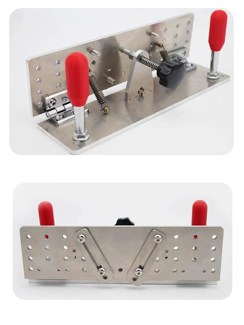 Aluminum Knife Sharpener Jig With Dual Arm Grips Knife Sharpening Locator Clip For Belt Sander Machine, top and side view