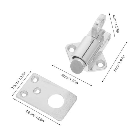 Spring Latch Lock for Cabinets and Windows, Zinc Alloy Self Closing Bolt Latch with Screws, silver metal dimensions shown