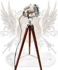Nautical Style Chrome Spotlight Floor Lamp With Brown Wood Tripod Stand, vintage vibe, rustic charm, six inch lamp head