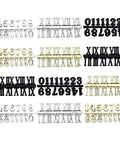 12 Piece Clock Numerals Kit For DIY Repair Arabic And Roman Digits Quartz Wall Clock Parts In Three Colors shown laid out.