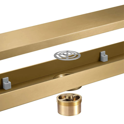 Heavy Duty Linear Shower Drain 23.6 Inch Invisible Floor Trench With Snap Off Hair Catcher Screen 304 Stainless Steel showing brushed gold finish components.