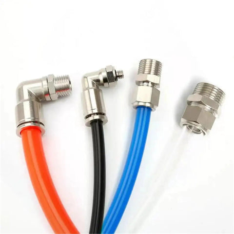 Real Deal PU Air Hose Tube Pipe For Compressor Tubing 20M Transparent Flex with fittings in red, black, blue, and clear.