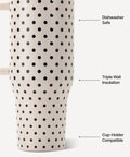 40oz Polka Dot Insulated Tumbler Featuring A Spill Proof Flip Straw And Comfort Grip Handle, detail view highlighting triple wall insulation.