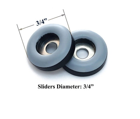 3/4 Inch Screw On PTFE Teflon Furniture Glides For Wooden Furniture Heavy Duty Chair Leg Sliders Protect Floors Move Your Furniture Easy And Safe Premium Floor Protector 20 Pack, two glides with visible diameter size.