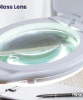 Close-up of Dual Magnification 7 Inch LED Magnifying Lamp With Dimmable Light And Three Color Temperatures lens and light