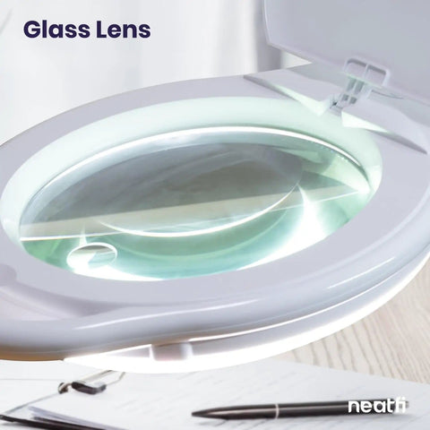 Close-up of Dual Magnification 7 Inch LED Magnifying Lamp With Dimmable Light And Three Color Temperatures lens and light