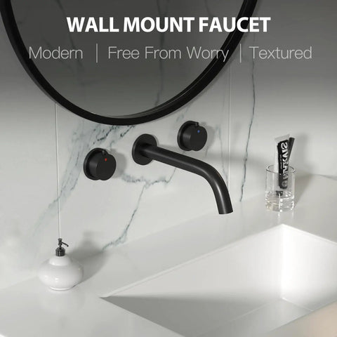Black Wall Mount Faucet With Dual Handles For Bathroom Sink And Bathtub 3 Hole Wall Mounted Lavatory Mixer Solid Brass Construction
