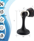 Heavy Duty Magnetic Door Stopper Keeps Interior Doors Securely Open Wall Mount with matte black zinc finish and dimensions.