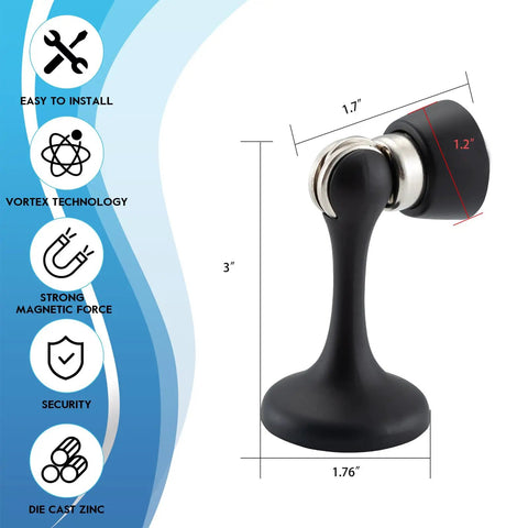 Heavy Duty Magnetic Door Stopper Keeps Interior Doors Securely Open Wall Mount with matte black zinc finish and dimensions.