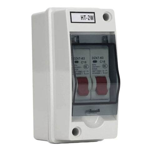 16A DC Miniature Circuit Breaker For DIN Rail Mount 2 Pole Leakage Protector in waterproof box with transparent cover