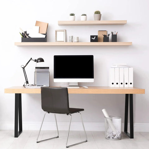Modern desk with computer and chair, featuring 19 Inch Hairpin Table Legs Set Of 4 For DIY Coffee Tables, Desks, And Night Stands in black iron.