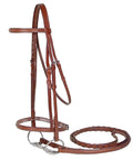 Everyday Raised Fancy Stitched Leather English Schooling Bridle With Laced Reins, side view showing stitching and reins detail.