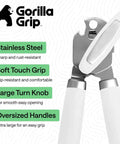 Heavy Duty Stainless Steel Can Opener With Smooth Edge And Bottle Openers Soft Comfortable Handle Oversized Turn Knob No Fuss One Handed Opening US Designed Multifunction Kitchen Tool In White Gorilla Grip