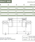 Technical illustration of Square Tapered Bottom Bracket For 68mm BSA Threads, showing dimensions and axle length options.