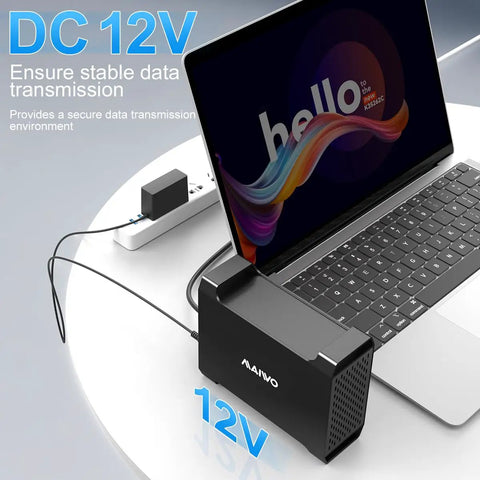 No Sweat Dual Bay Raid Enclosure For 3.5 Inch SATA Hard Drives With Chill Cooling Fan connected to a laptop via USB.