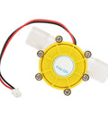 Yellow Micro Hydroelectric DC Turbine Generator for Off Grid Power, 12V Output, top view with wiring and connectors.