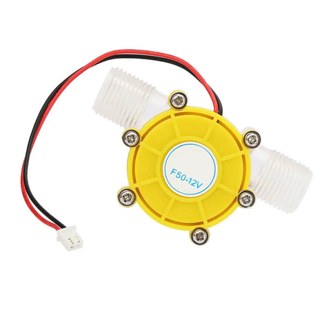 Yellow Micro Hydroelectric DC Turbine Generator for Off Grid Power, 12V Output, top view with wiring and connectors.