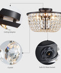 Dope Crystal Chandelier Flush Mount Ceiling Light For Bedroom Hallway Bar Kitchen Bathroom 8.4 In High By 13 In Wide Black Finish