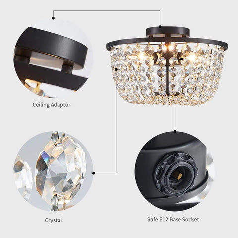 Dope Crystal Chandelier Flush Mount Ceiling Light For Bedroom Hallway Bar Kitchen Bathroom 8.4 In High By 13 In Wide Black Finish