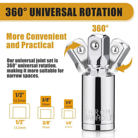 Three Piece Universal Joint Socket Set One Quarter Inch Drive Three Eighths Inch Drive And One Half Inch Drive Swivel Sockets In Premium Chrome Vanadium Steel For Tight Spots And Hard To Reach Corners with 360° rotation feature visible, showcasing chrome vanadium material.