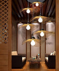 Handcrafted Rattan Pendant Light Industrial Farmhouse Ceiling Lamp, six-bulb arrangement, woven shade, for living rooms.