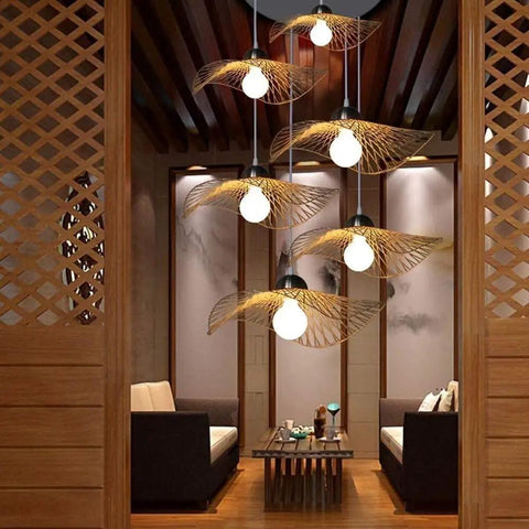 Handcrafted Rattan Pendant Light Industrial Farmhouse Ceiling Lamp, six-bulb arrangement, woven shade, for living rooms.