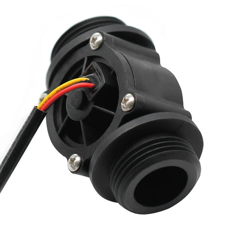 Water Flow Hall Effect Sensor Switch And Flow Meter 1-60 L/min, 5-18V DC, Square Pulse Output, Waterproof, black housing view