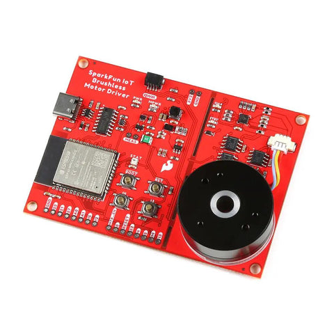 Top view of IoT Brushless Motor Driver with ESP32 and TMC6300 Three Phase Control for BLDC Motors, showing red circuit board.