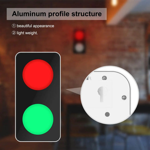 Remote Control Traffic Light Wall Lamp With Red And Green LED DC Nine To Twelve Volt Plug Included Aluminum Frame Ultra Bright Sign Light For Home Office Bar Decor Adjustable Light Angle And Easy Install showing aluminum profile structure with red and green lights in living space.