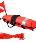 Inflatable Dive Float Torpedo Buoy For Scuba Freediving Snorkeling And Spearfishing With Flag And Rope, bright red color