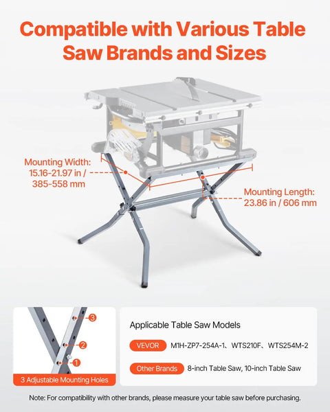 Heavy Duty Table Saw Stand With 350 Pound Load Capacity, Badass Foldable Rolling Workstation, Universal Fit For Jobsites, showing adjustable mounting specs.