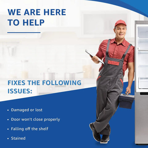 Technician standing by fridge discussing Upgraded Fridge Door Shelf Replacement Bin 240323001 For Frigidaire benefits.