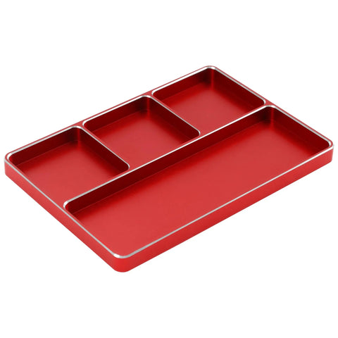 Red Universal Aluminum RC Screw Tray With Magnetic Compartments And Four Easy Grab Slots for RC cars, boats, planes, helicopters.