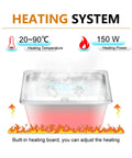 Heating system of Pro Grade Ultrasonic Cleaner Slaps for mopping grime, showing adjustable 150W heater and 20-90°C range.