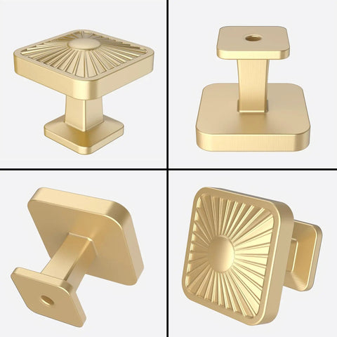 10 Pack 1.2 Inch Brushed Gold Square Cabinet Knobs For Kitchen Cabinets And Dressers, showing angles and grip texture