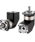 90 Degree Right Angle Planetary Gear Reducer Compatible With Nema 23 Stepper Motors Heavy Duty Aluminum Housing Featuring 50 To 1 Reduction Ratio And 22 Mm Input Shaft Runs Butter Smooth, showing two angles of the gearbox.