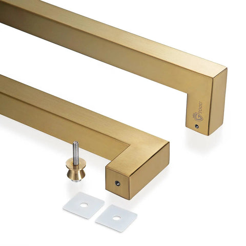 Beefy Heavy Duty Commercial Grade 18 Inch Satin Gold Push Pull Door Handle In Solid Stainless Steel 304 1.2mm Thick 30x30mm Square Cross Section Chamfered Edges 450mm Grip 420mm Bolt Spacing Durable Modern Finish, satin gold pair with bolts