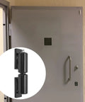 Heavy Duty 5 Inch Barrel Gate Hinge Set For Swing Gates And Trailer Ramp Gates Weld On Iron Hinges Black 450 Lb Capacity Ball Bearing Barrel Style Door Hinge For Outdoor Fences And Ranch Gates shown installed on a door