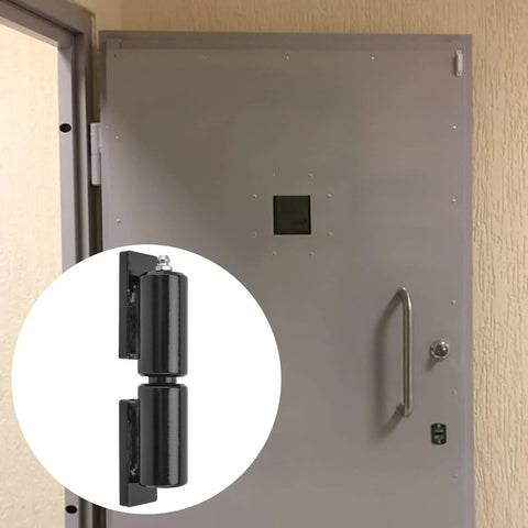 Heavy Duty 5 Inch Barrel Gate Hinge Set For Swing Gates And Trailer Ramp Gates Weld On Iron Hinges Black 450 Lb Capacity Ball Bearing Barrel Style Door Hinge For Outdoor Fences And Ranch Gates shown installed on a door