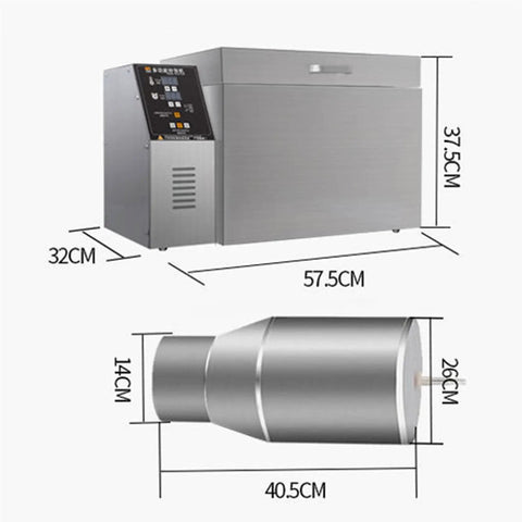 Hardcore Heavy Duty Electric Coffee Bean Roaster With Precise Timer And Adjustable Heat Dial, showing dimensions and stainless steel exterior.