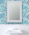 Modern Animal Print Vinyl Wallpaper Delivers Slick Leather Texture And Tough As Nails Durability For Busy Commercial Spaces And Gets Custom Printed For Your Walls with blue animal print in a bathroom setting.