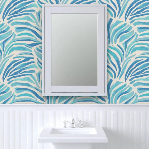 Modern Animal Print Vinyl Wallpaper Delivers Slick Leather Texture And Tough As Nails Durability For Busy Commercial Spaces And Gets Custom Printed For Your Walls with blue animal print in a bathroom setting.