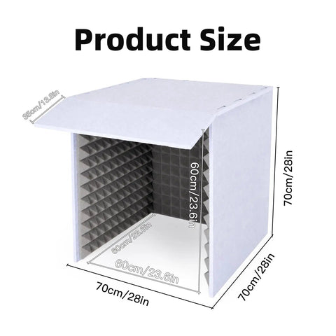 Kickass Portable Soundproof Vocal Booth With Hella Tight Acoustic Foam Panels For Killer Recordings And Complete Ambient Noise Blocking In Your Clean Home Podcast Studio Setup, showcasing dimensions of 70cm x 60cm x 35cm.