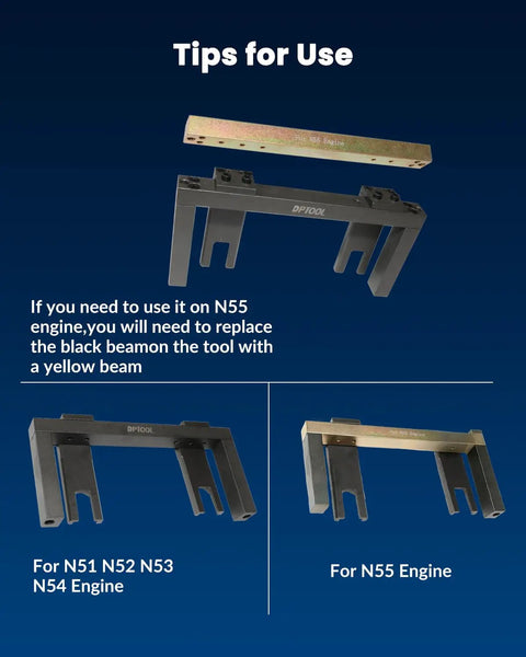 BMW Timing Vanos Camshaft Locking Tool Kit For N51 N52 N53 N54 N55 S55 Engines tool beams with tips for use guidelines.
