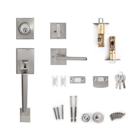 Front Door Handleset With Satin Nickel Lever And Deadbolt, Keyed Entry For Exterior Or Office Doors, Easy Install Components