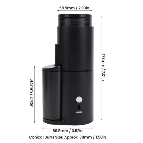 Top Shelf Portable Burr Coffee Grinder Featuring 38mm Stainless Steel Conical Blades And Anti Static Magnetic Cup for easy travel brew sessions.
