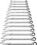 Universal Spline XL Ratcheting Combination SAE Wrench Set With 120XP Pawls in a line, showing various sizes and details.